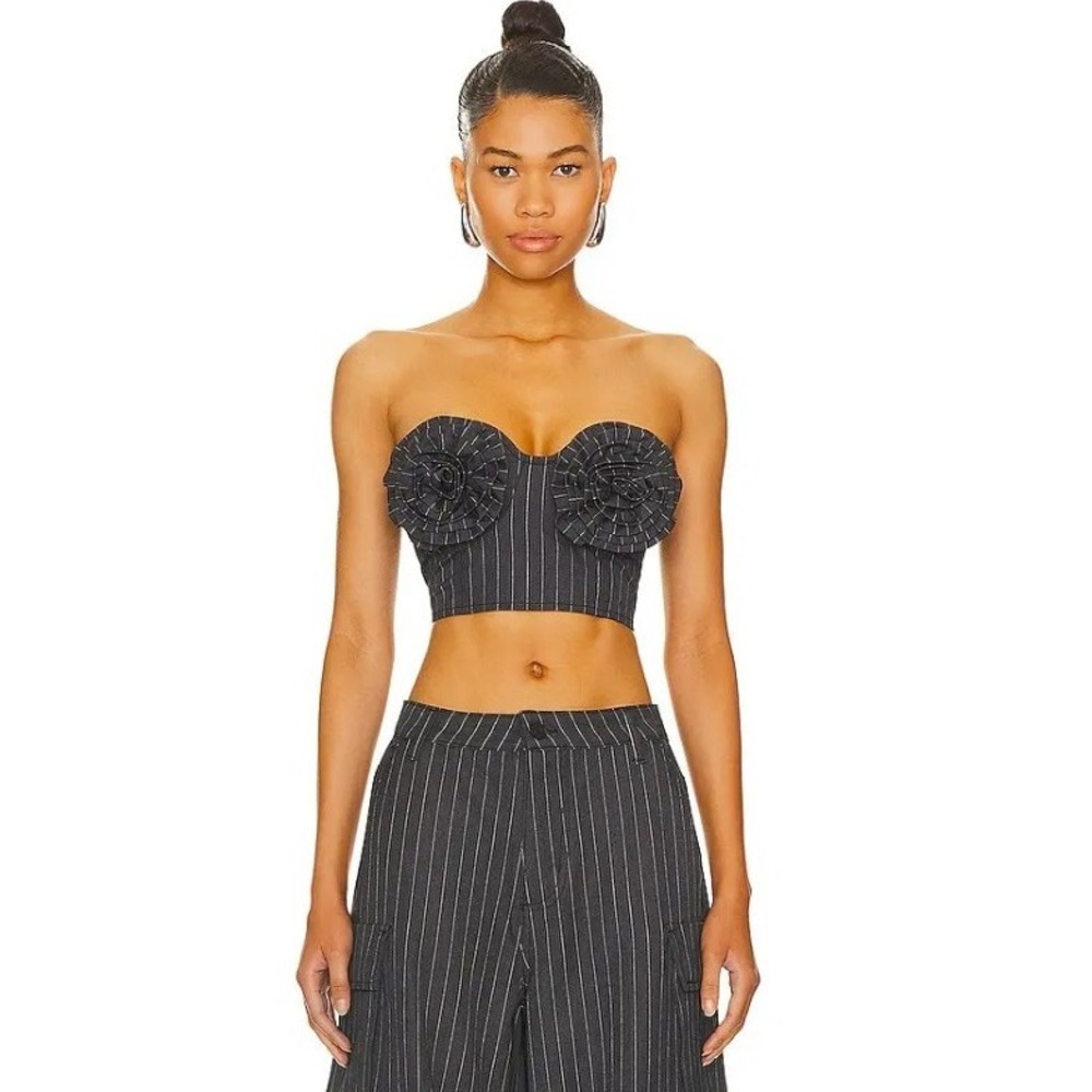 AFRM Kiko‎ Rosette Bustier Crop Top Charcoal White Pinstripe Size Medium NEW